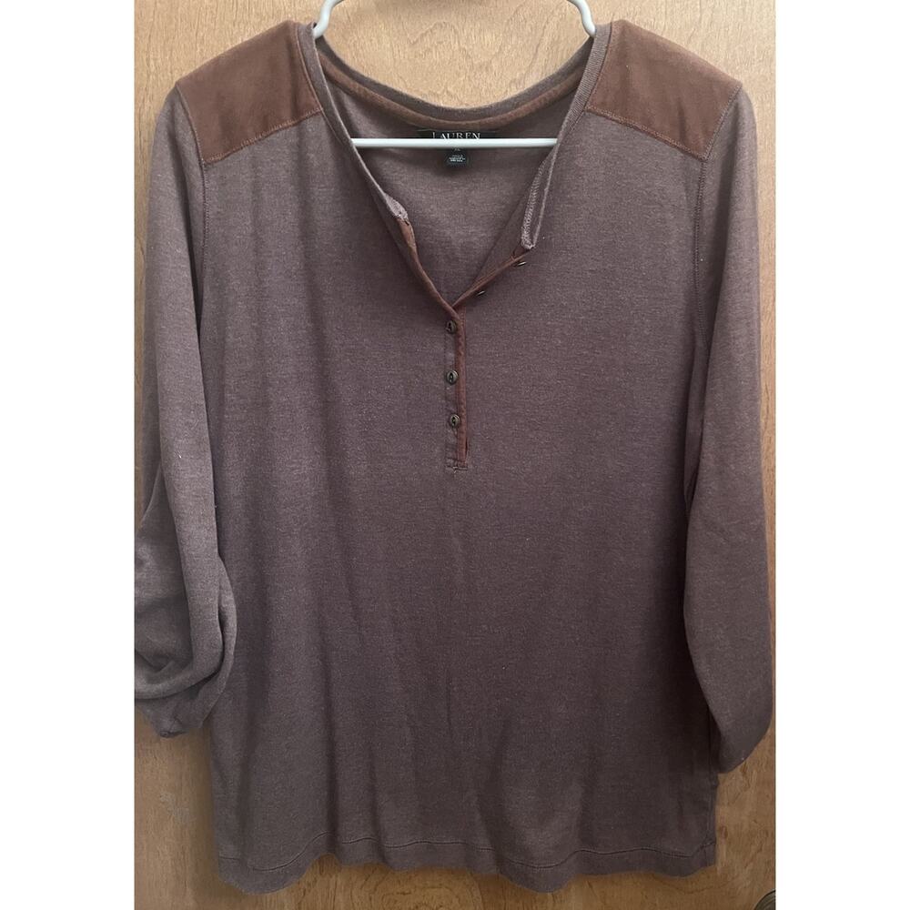 Lauren Ralph Lauren Henley Top XL Brown 3/4 Sleeve Cotton Faux Suede Western